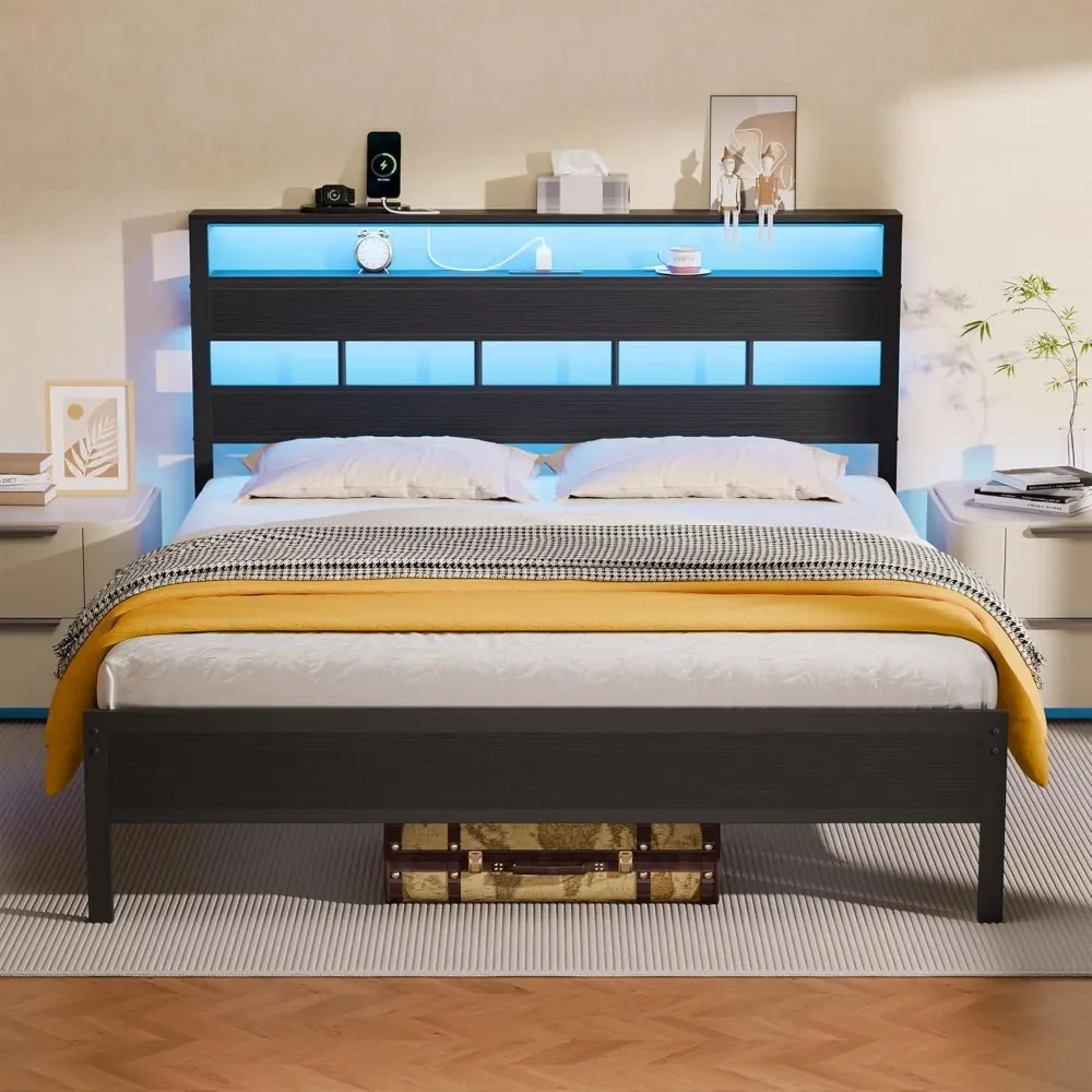 Queen Bed Frame with Storage Headboard and LED Lights, Metal Bedframe with Charging Station and USB Port,Queen Size Platform Bed