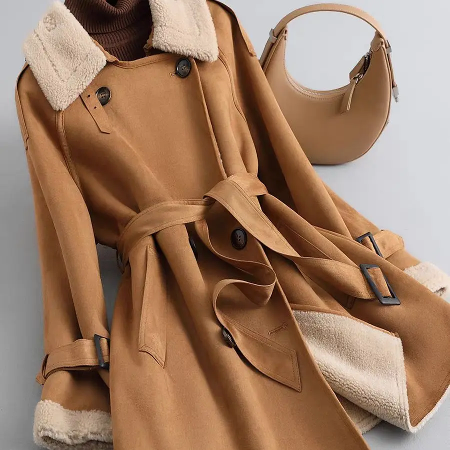 Grain Sheep Shearing Medium Long Coat For Women's Autumn And Winter New Style, High-End Suede Windbreaker,Lamb Fur Trench w1486