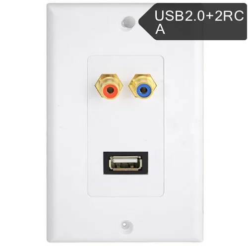 USB 2.0 Port & 2 RCA/PHONO Female Gold Wall Outlet Dual Audio Socket Face Plate ABS