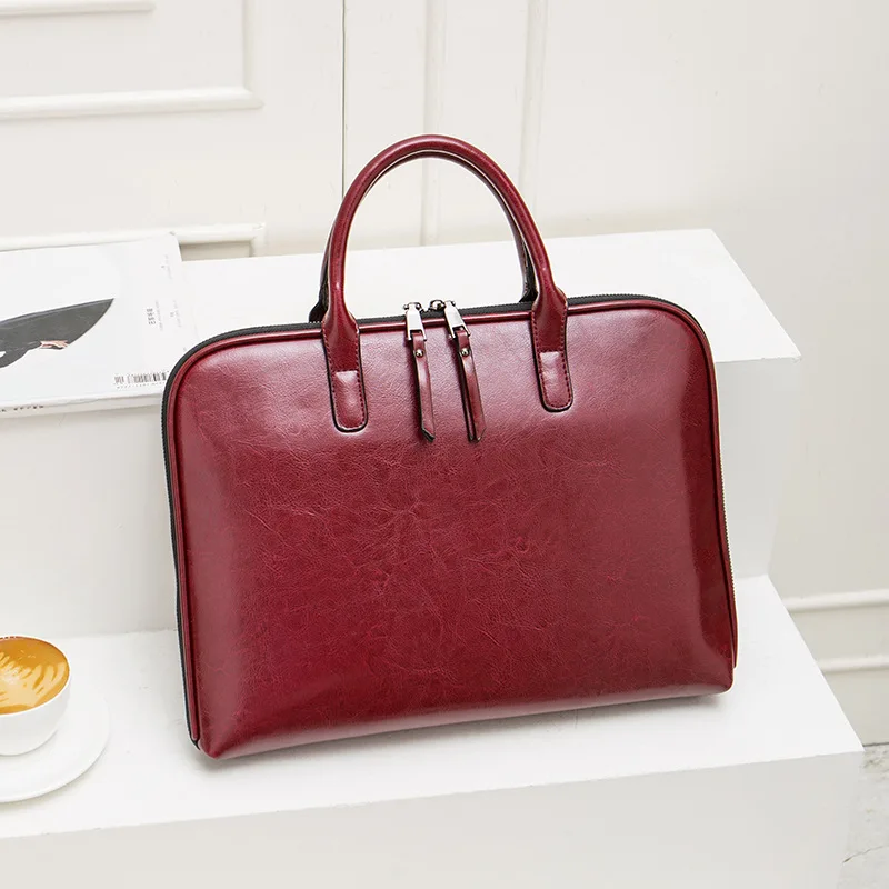 Fashion Genuine Leather Laptop Bag For Women 14 Inch Female Bussiness Office Computer Handbag Solid Color Lady Shoulder Bag