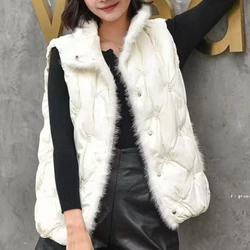 Autumn Winter Women Embroidery Stand Collar Button Korean Puffer Coat Sleeveless Jacket Mink fur Short Down Vest Female Coat