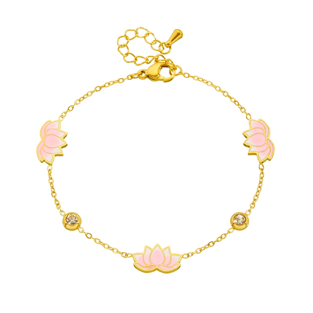 DIEYURO 316L Stainless SteellPink Lotus Round Zircon Flower Pendant Bracelet For Women New Trend Fashion Hand Chain Jewelry Gift