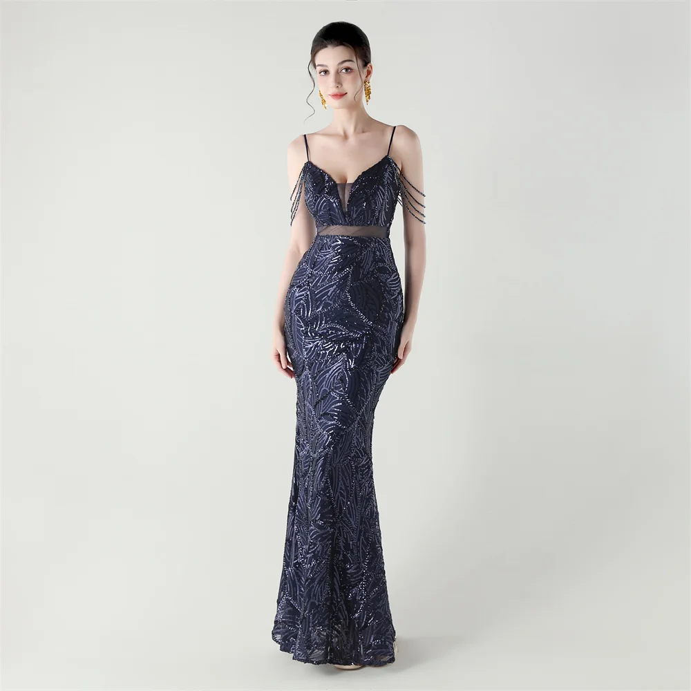 

2026 Sexy Luxury Beads Sequin Tulle Evening Dress Cross Lace-Up Slim Fit Elegant Wedding Party Red Carpet Gown for Women