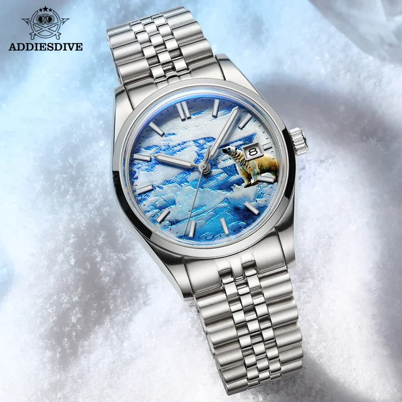 

ADDIESDIVE Unique 3D Glacier Automatic Mechanical Watch 39mm Stainless Steel Bubber Mirror Glass Calendar 100m Luminous Watches