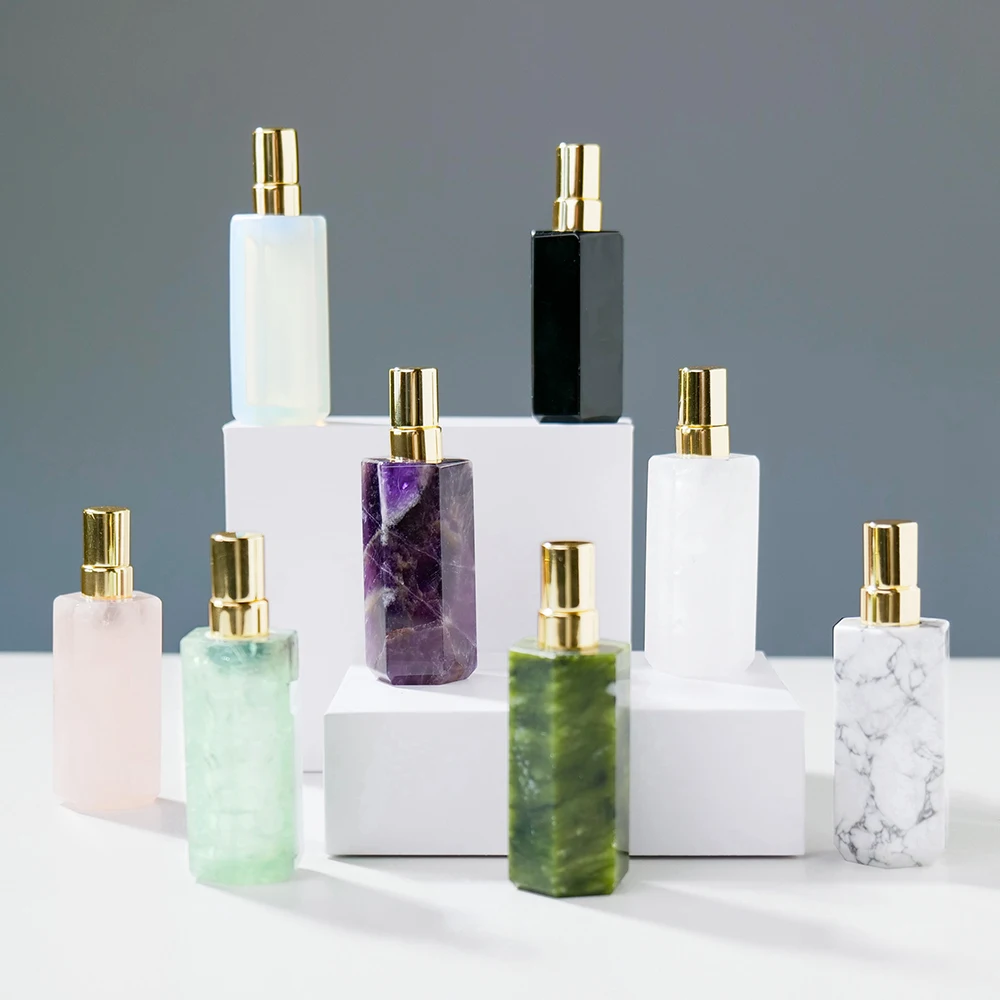 1pc Natural Crystal Green Fluorite Perfume Bottle Rose Quartz Women Perfume Bottle Crystal Crafts Healing Gemstone Lady Gifts