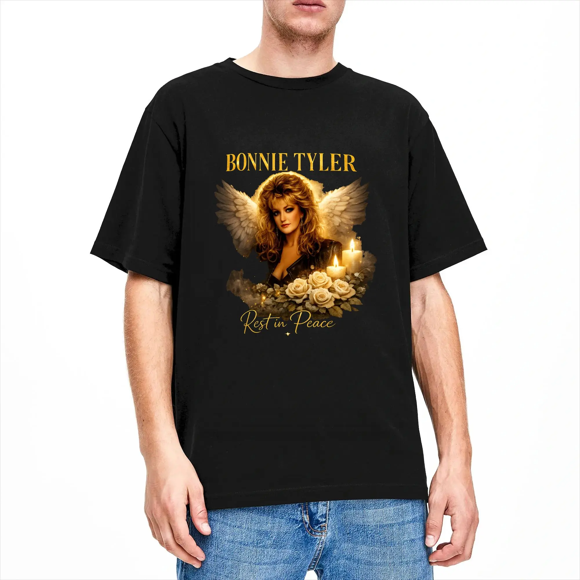 Oversized T Shirt Bonnie Tyler Rest In Peace Angel Wings Candle Rose Memorial Cotton T-Shirts Tshirt for Men Summer Top Tees