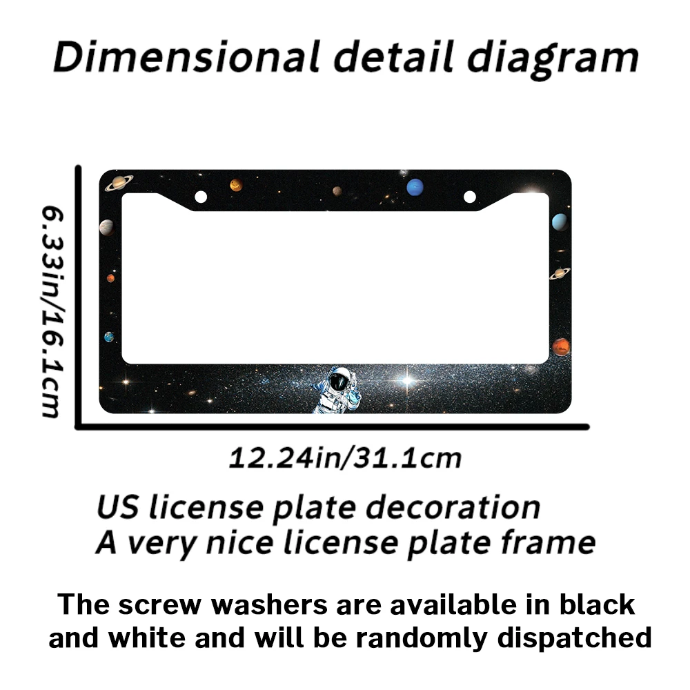 إطار لوحة ترخيص أسود بفتحتين مع نمط رائد فضاء الفضاء، مادة ألومنيوم، 6 × 12 بوصة، يتضمن مجموعة براغي #3