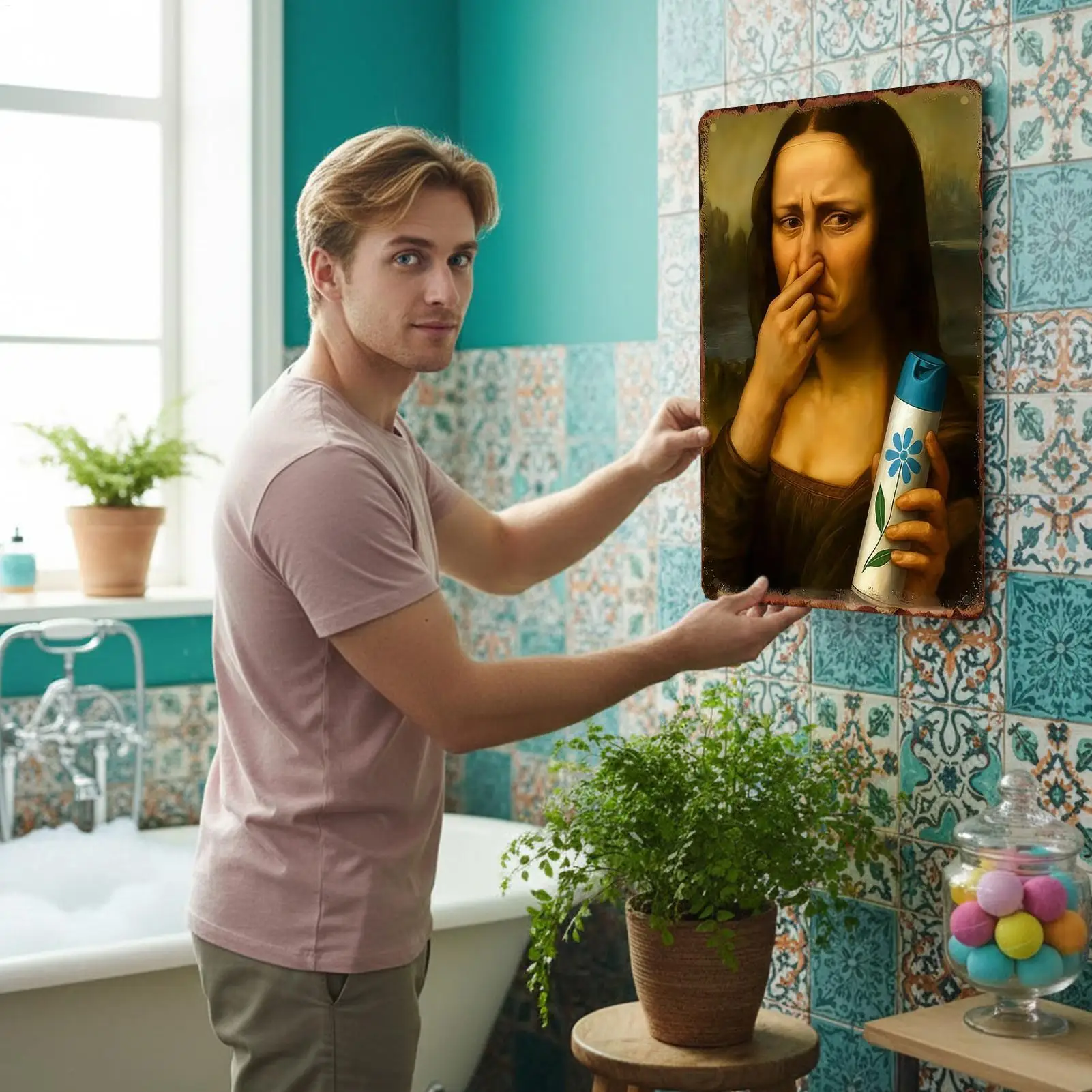 Bathroom Art Funny Amusing Vintage Portraits Pinch Nose Wall Decor Restroom Prank Poster Print For Washroom Home Apartment Hotel