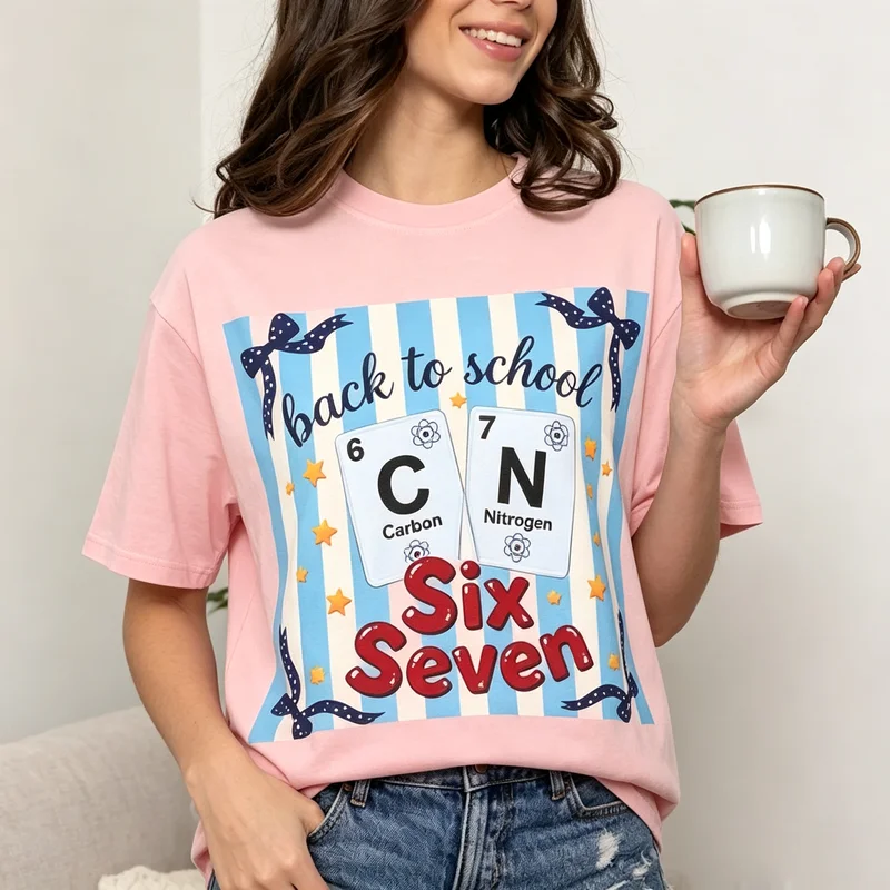 Vintage Back To School T Shirt Womens Six Seven Periodic Table Graphic Casual Cotton Short Sleeve Tee Y2k Top Harajuku