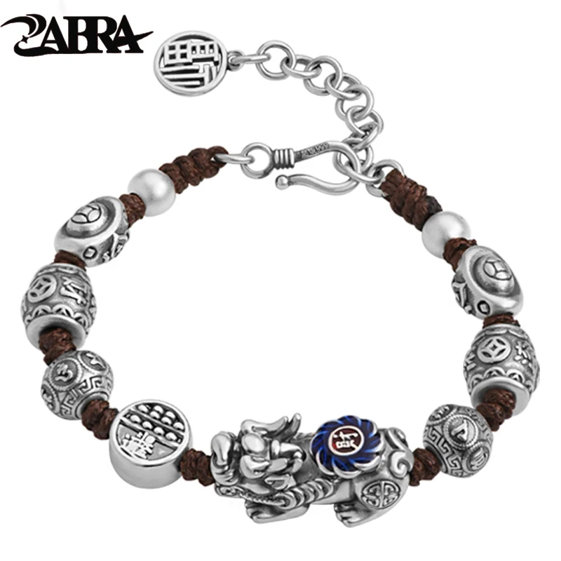 ZABRA 999 Sterling Silver Brave Bracelet Men's and Women's Fashion National Wind Transfer Beads Hand Rope Dragon Year Gift