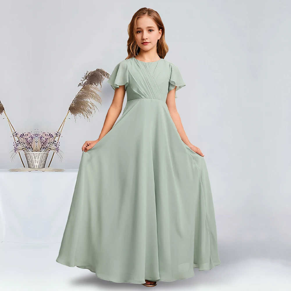 Elegant A-Line Scoop Floor-Length Chiffon Junior Bridesmaid Dresses Agave Charming Flower Girl Dresses Party Wedding Kids Dance