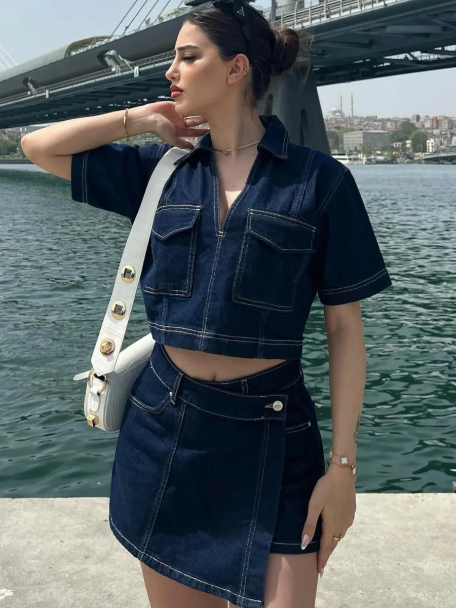 Solid Denim 2 Piece Set 2024 New V Neck Pocket Cropped Tops+Irregular Shorts Skirts Streetwear Fashion Summer Suits For Women