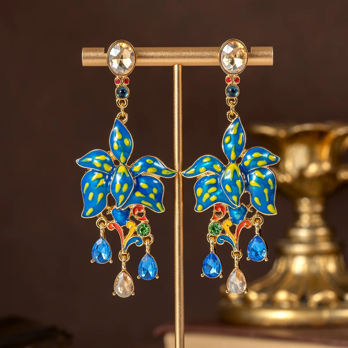 Medieval vintage enamel flower water drop tassel stud earrings temperament earrings contrasting color jewelry