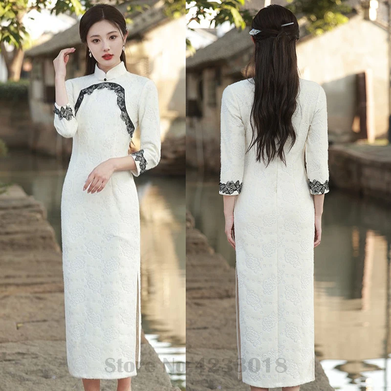 

Beige White Winter New Feather Yarn Cheongsam Flower Petal Lace Edge Elegant Temperament Qipao Women's Fashion Slim Fit Dress