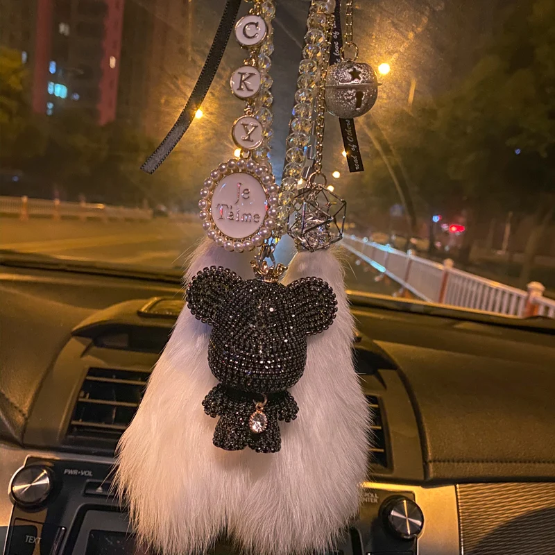 Fashion Bead Crystal Cartoon Bear Small Bell Car Pendant Diamond Hanging Ornaments Rhinestone Tassels Car Mirror Decoration