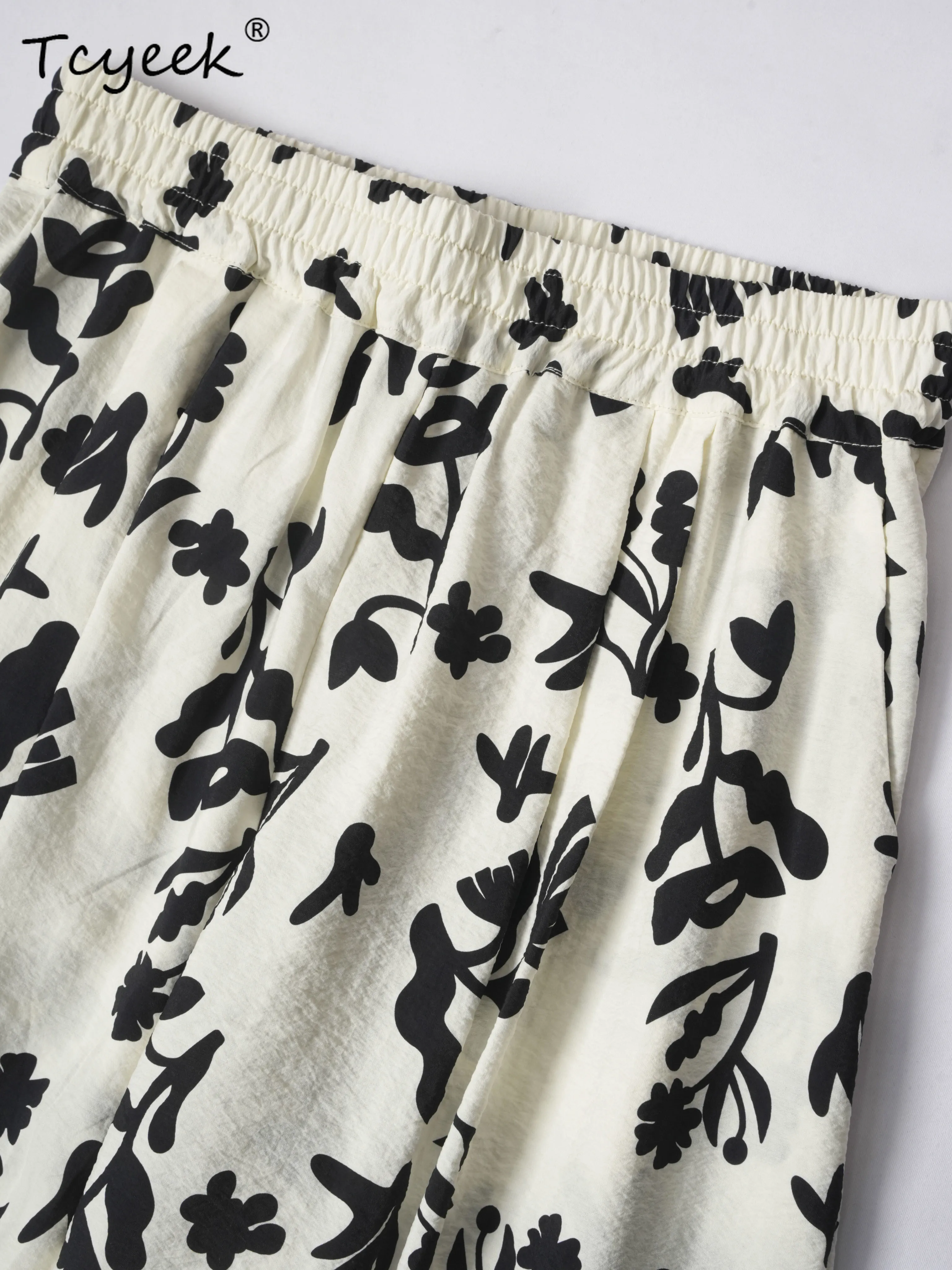 Tcyeek 76% マルベリーシルク 24% ナイロン夏ワイドパンツハイウエストストレートレッグ花柄ルーズ女性のパンツ Брюки Женские Летние