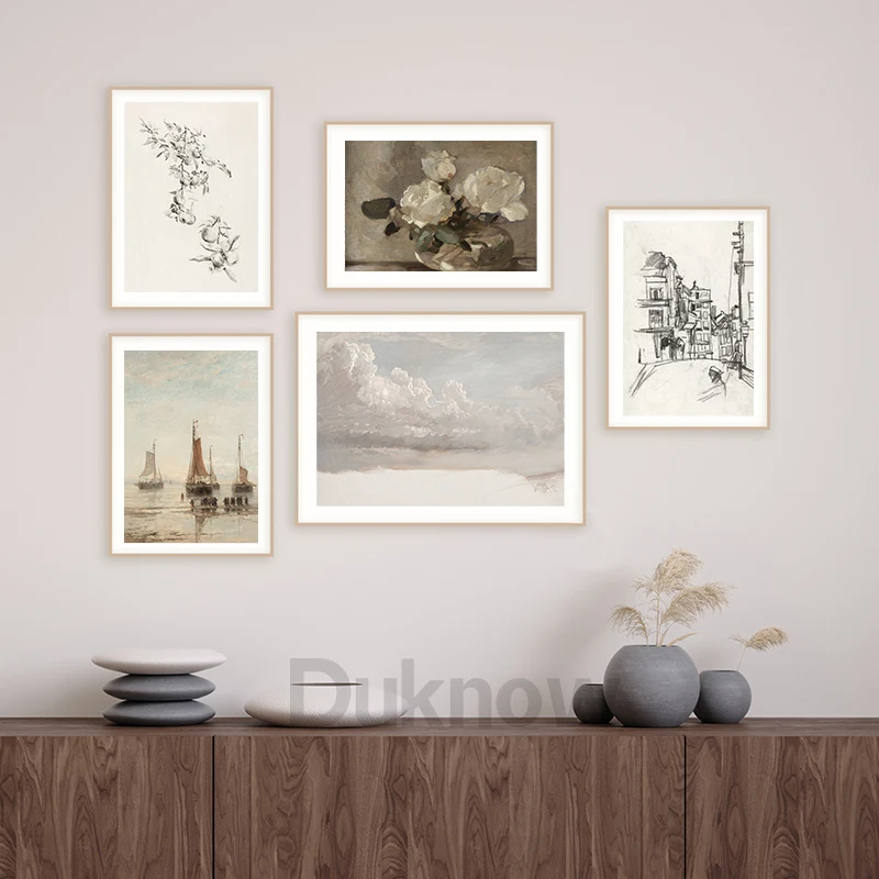 Charming Vintage Moody Prints European Country Landscape Painting Posters Botanical Sketches Drawing Canvas Print Home Decor