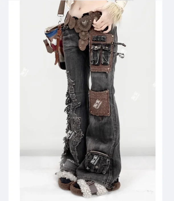 Pantalones vaqueros acampanados con múltiples bolsillos para niñas, sexys, de tiro bajo americano, industria pesada, pantalones de pierna recta rasgados versátiles a la moda para primavera y otoño