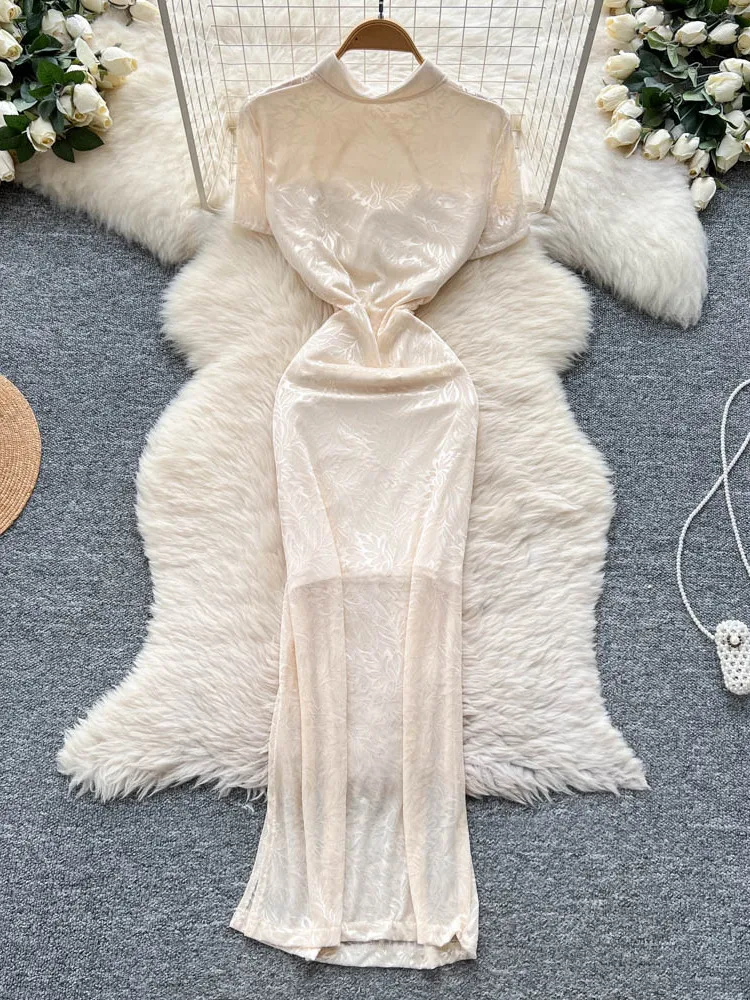 Nuovo cinese Sle Qipao Dr Donna Estate Colletto alla coreana Ricamato Asimmetrico Net Svel Lungo Dimagrante Sexy Dr