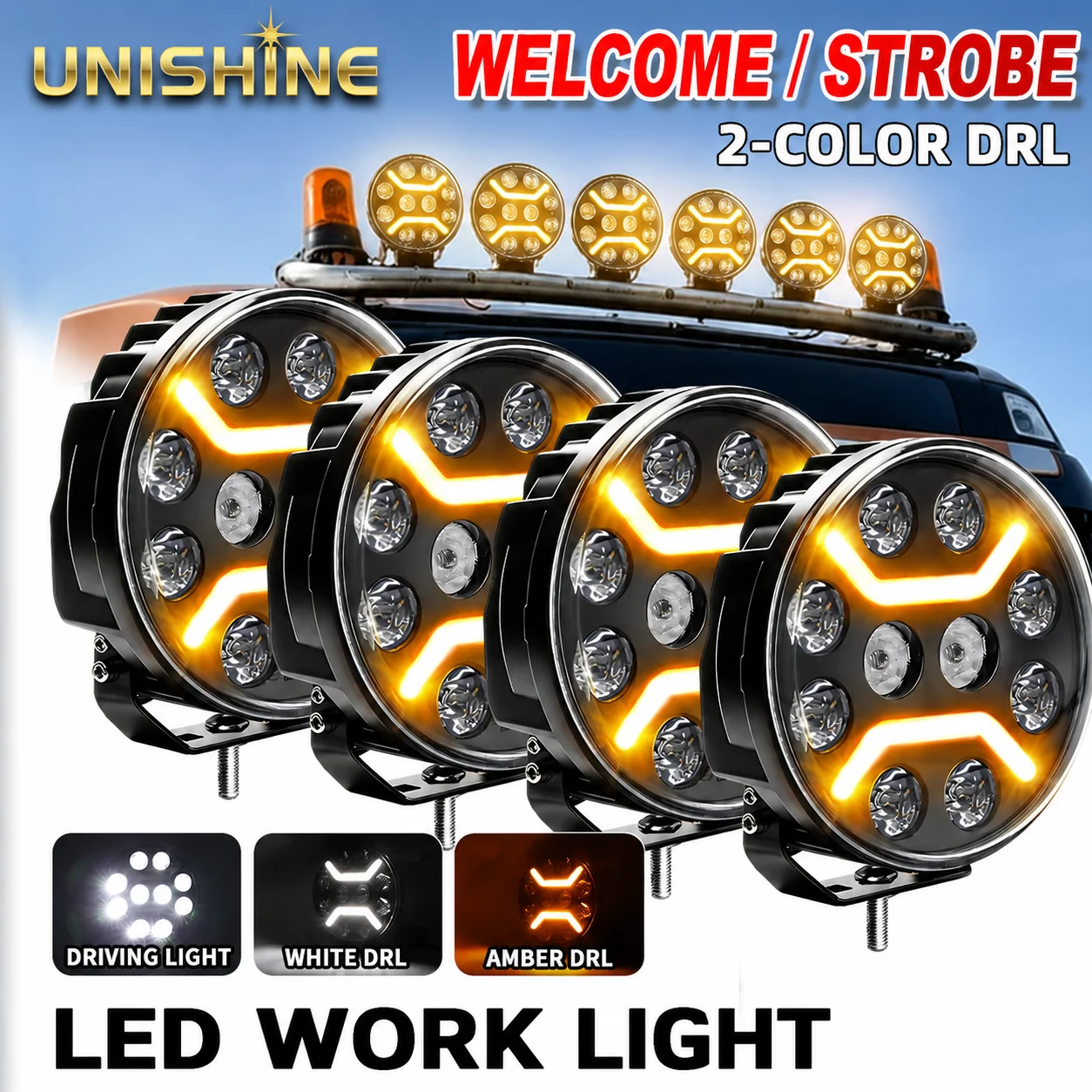 UNISHINE 9 Zoll Runde LED-Fahrleuchte, Amber-Weiß, DRL, Willkommens-Stroboskop-Modus, Offroad-Nutzung, Zusatzlampe für Ford Bronco, Wrangler, Toyota Hilux, Truck, UTV, ATV