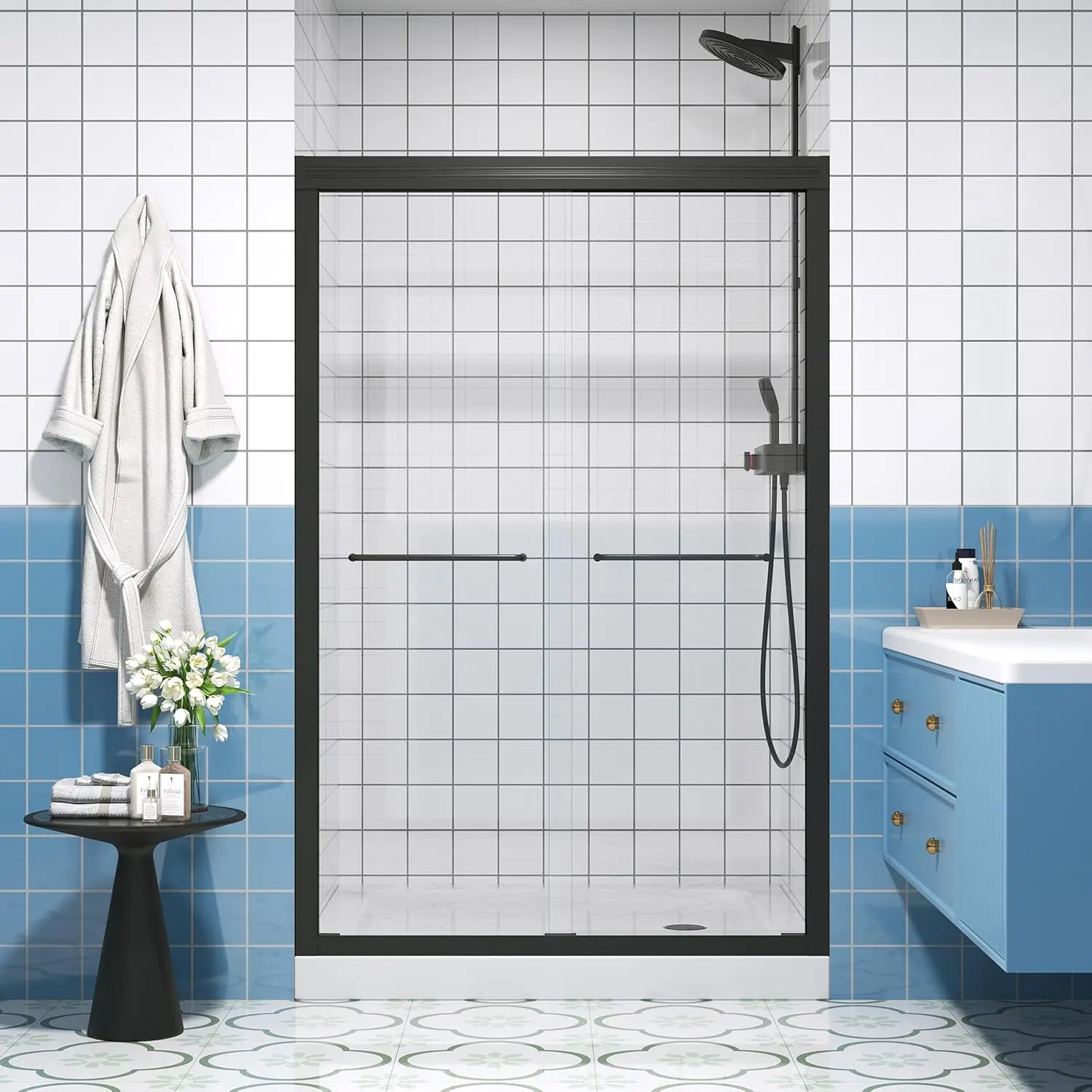 

Half Frameless Double Sliding Glass Shower Door, Metal & Glass, Matte Black, Modern, 44-48" W x 72" H, 80 Pounds