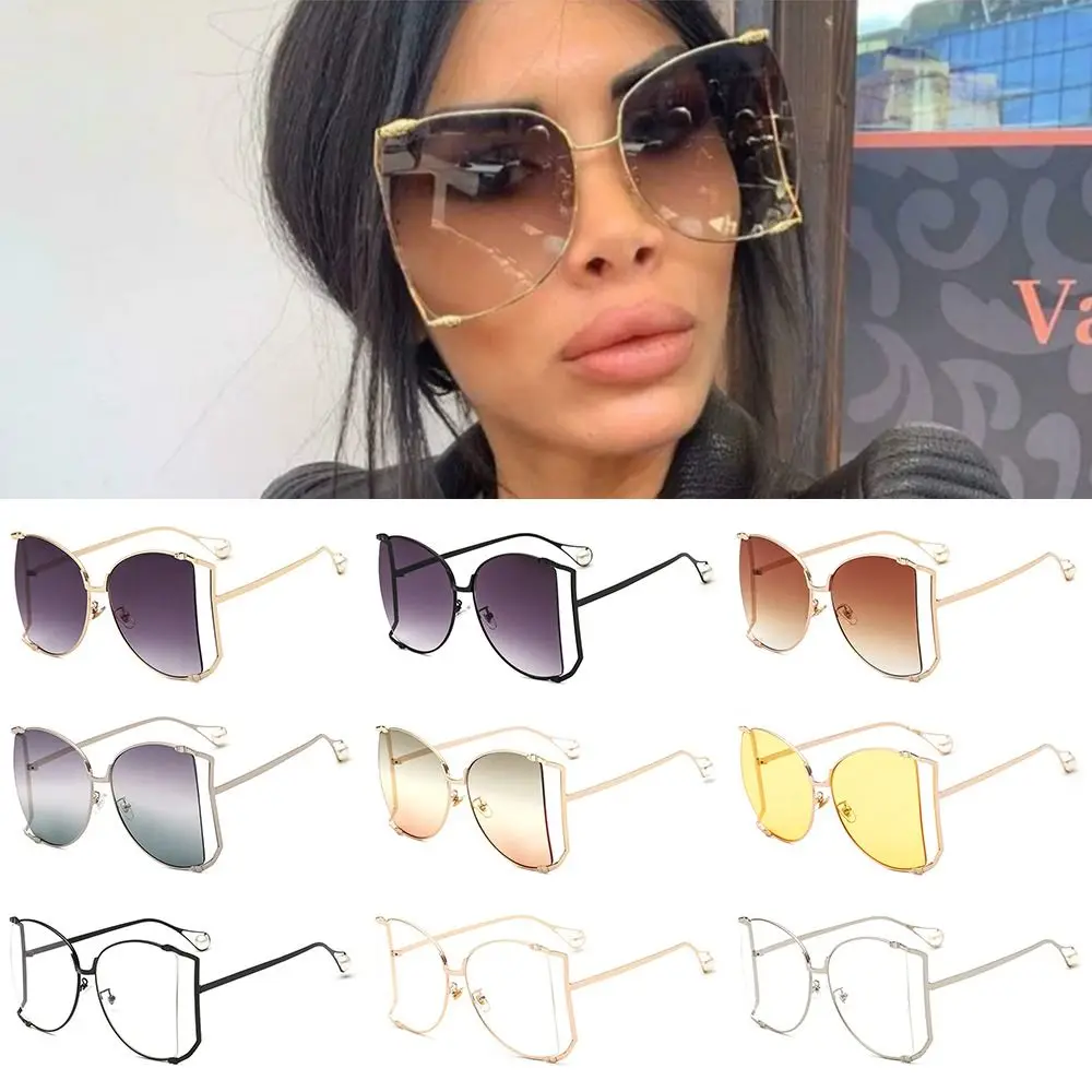 

Retro UV Protection Oversized Sunglasses Trendy Colorful Pearl Design Sun Glasses Street Shooting Metal Hollowing Shades Outdoor