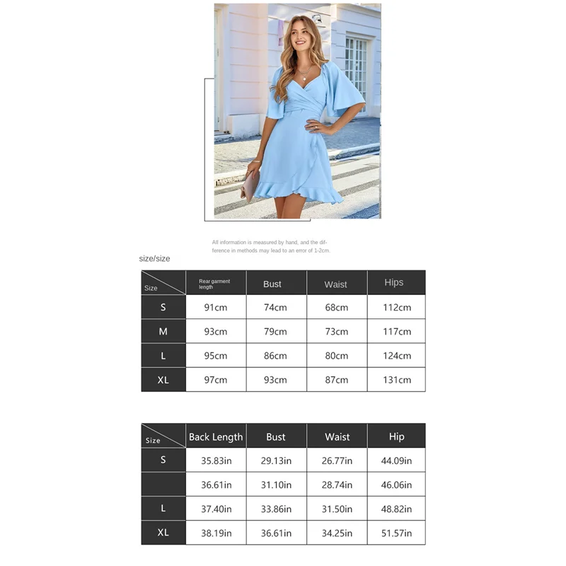 Intuitive Abito da donna con scollo a V, manica corta svasata, abito da ospite di matrimonio, mini abito con orlo arricciato e cintura in vita elastica smockata