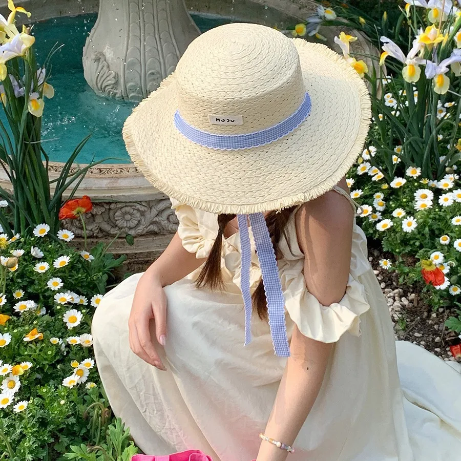 Sombreros de paja con cinta a cuadros para mujer, gorra de viaje, protección solar, ala ancha, accesorios de ropa