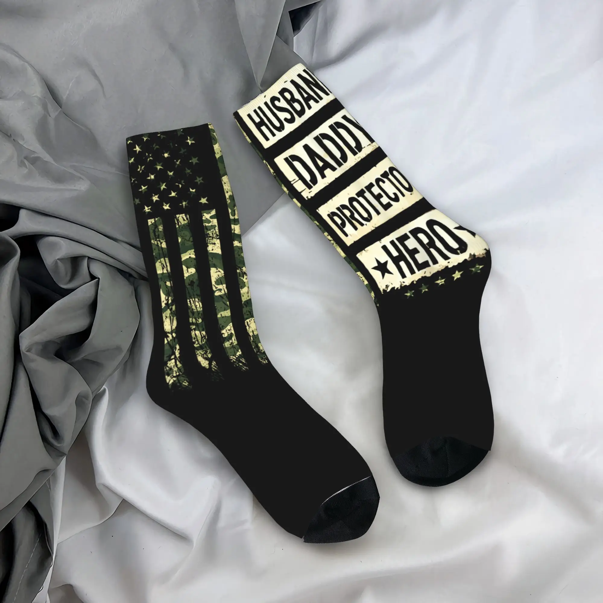

Husband Daddy Protector Hero Fathers Day Camo American Flag Stockings Adults Men Socks Soft Kawaii Socks Bacterial Custom Socks
