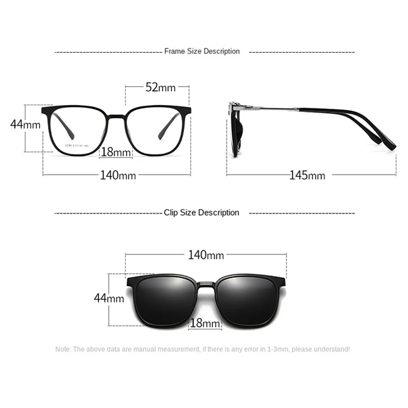 KIZN 2 in 1 女性近視メガネビッグフレーム偏光光学メタルサングラスマグネットクリップ処方眼鏡-0.50 ～ -6.0