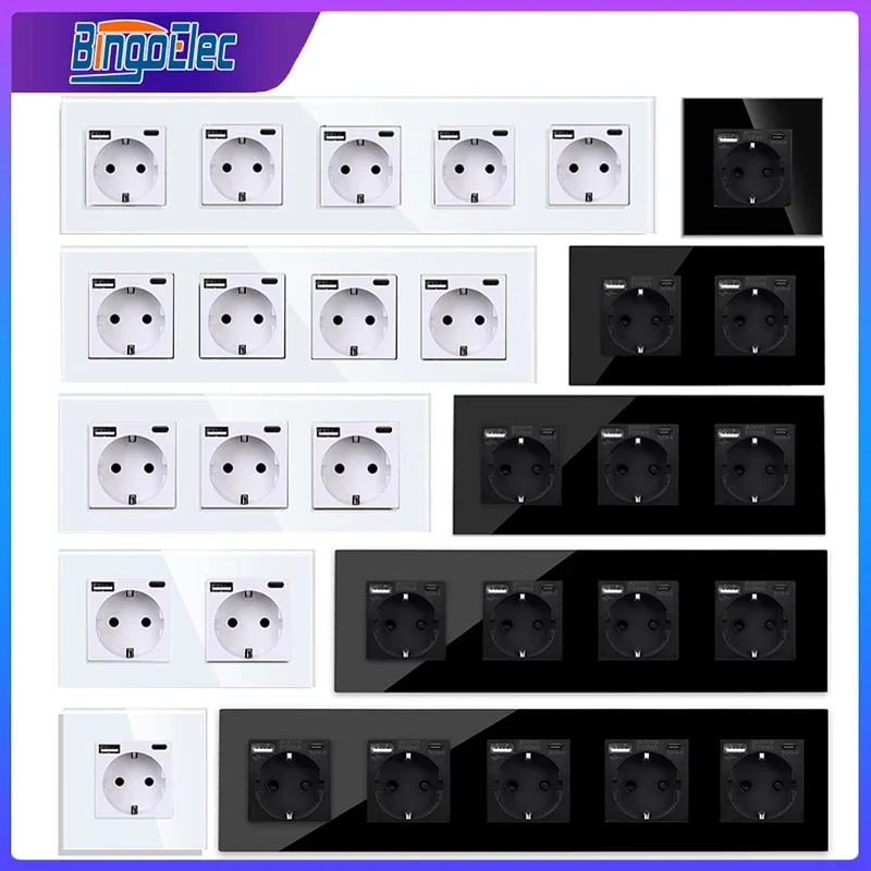 Bingoelec Type-C Interface Outlet Crystal Panel Black Wall EU Russia Standard Socket with USB Charge Port Single Double Sockets