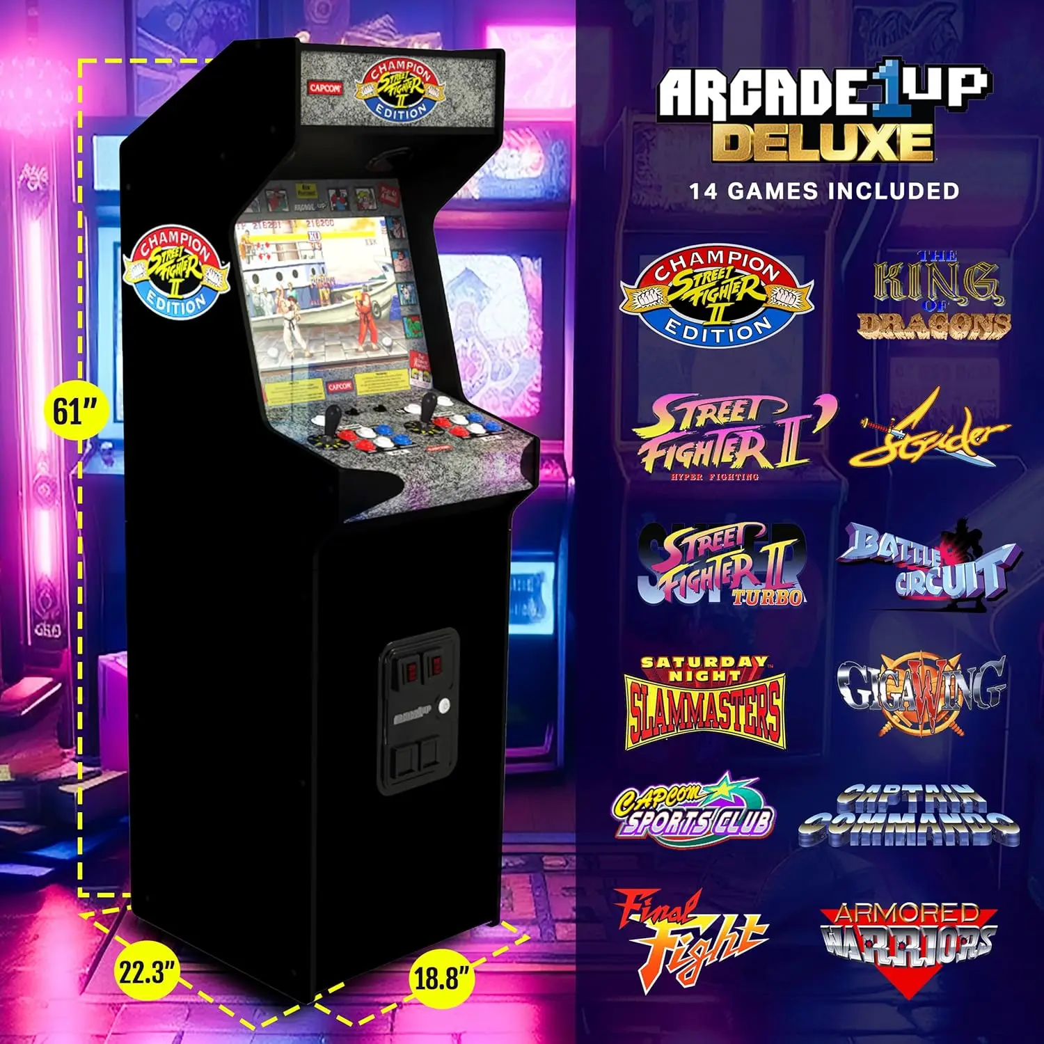 Street Fighter II CE HS 5 Deluxe Arcade Machine, Compact 5' Tall Stand Up Cabinet with 14 Classic Games and 17