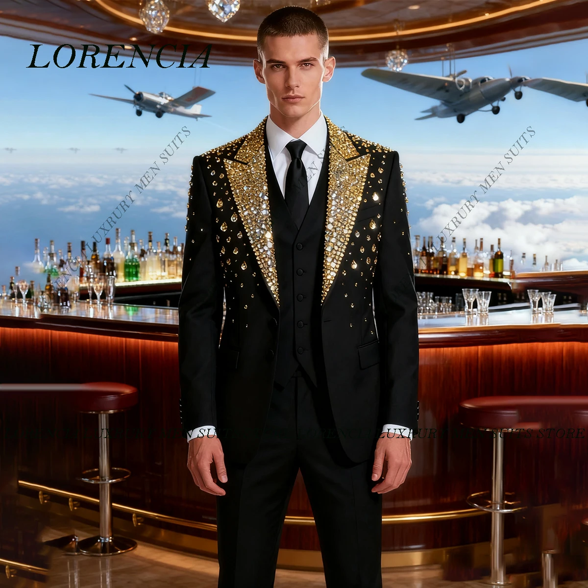

Customized Luxury Slim Fit Diamond 2 Pieces Sets Men Suits High End Beaded Groom Tuxedos Male Party Prom Blazer Ropa Hombre