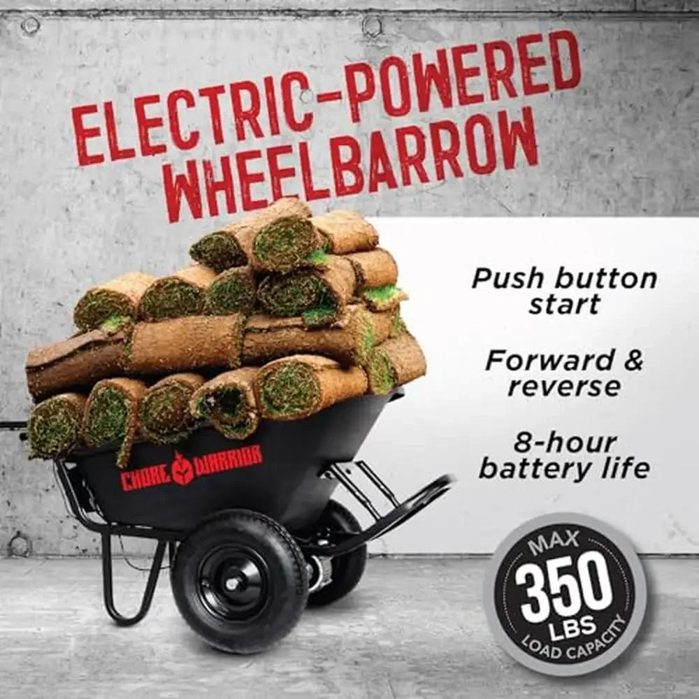 Electric Wheelbarrow Utility Cart 350 LBS Capacity 6 Cu FT Poly Tray 8 Hour Battery Life Steel Frame Powerful Motor 15-inch