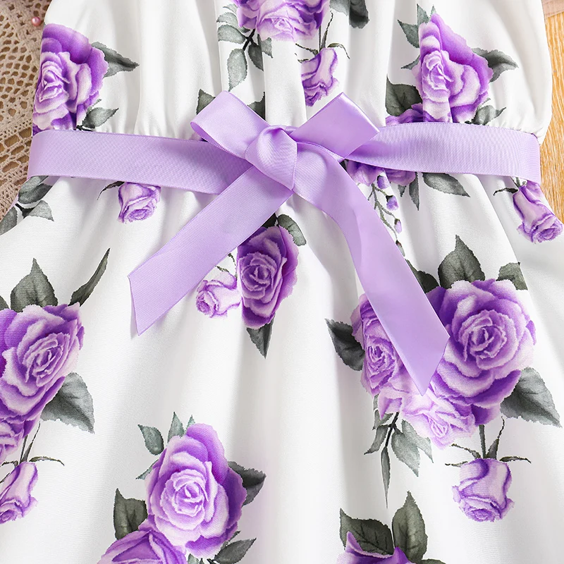 Kids Dress For Girls 8-12 Years Summer Purple Print Halter Dress Korean Elegant Fashion Graduation Birthday Party Girls Dress