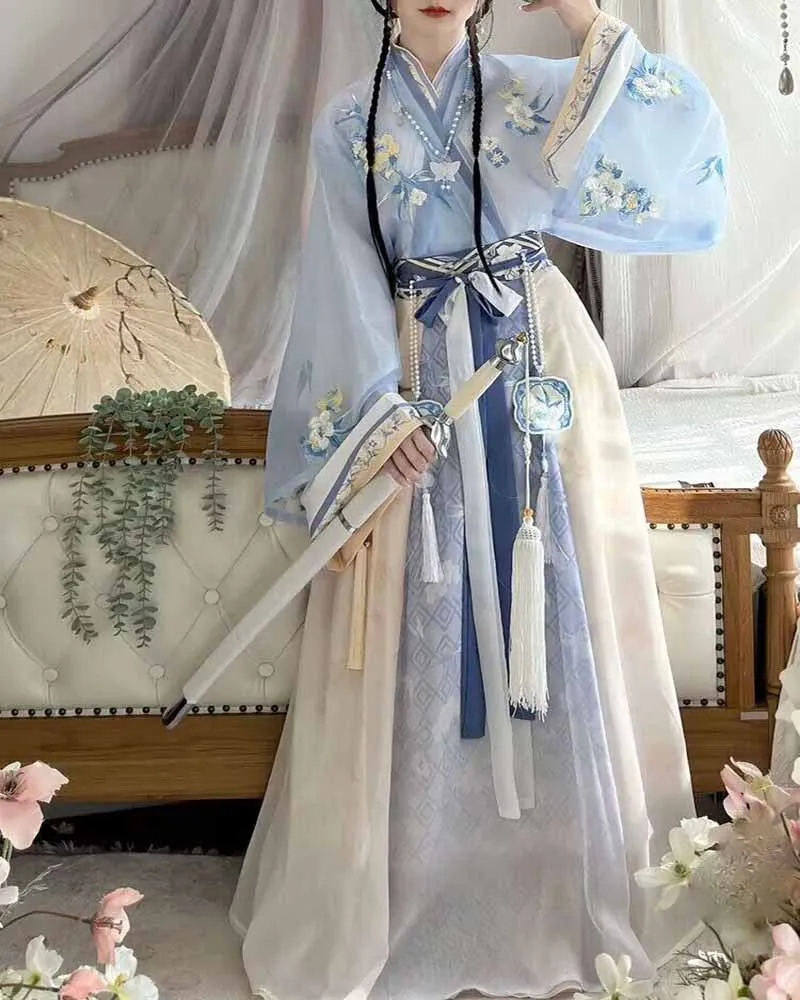 Vestido feminino hanfu, vestido chinês antigo, hanfu tradicional, traje feminino de cosplay de fada azul e branco, verão, plus size, XL, 2023