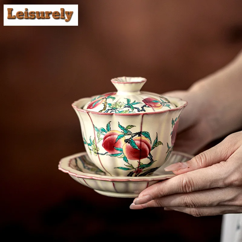 

225ml Lard Jelly Ru Kiln Hand Painted Peach Gaiwan Creative Tea Tureen Tea Bowl With Lid Kit Tea Making Cover Bowl For Tea Craft