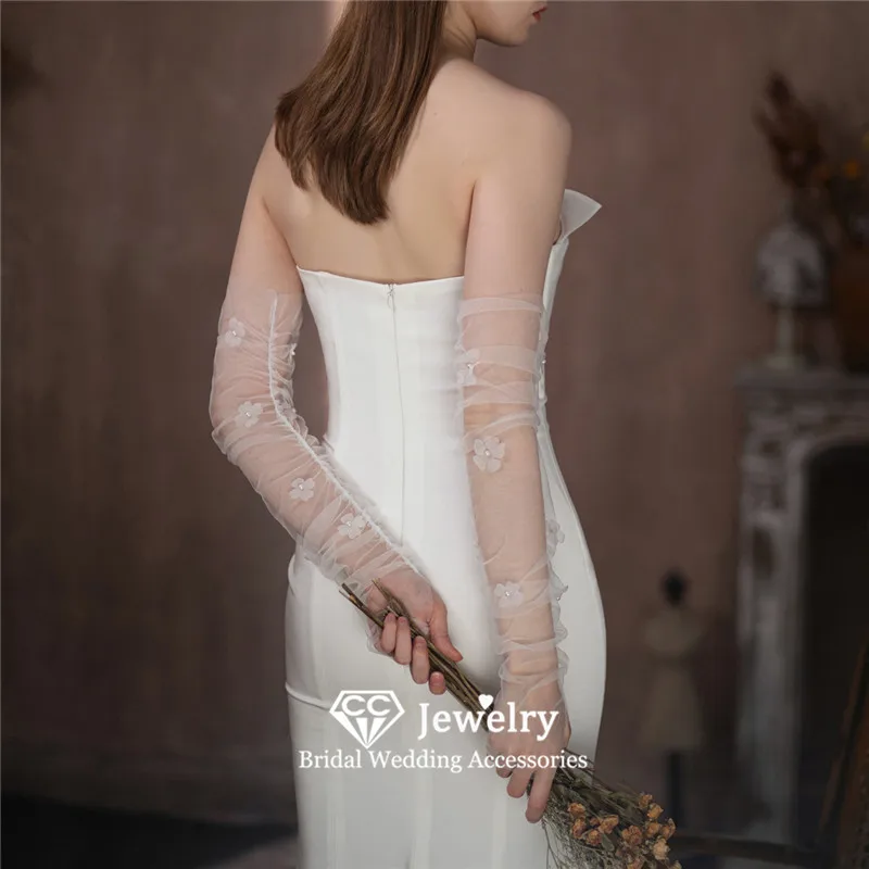 

CC Bridal Gloves Women Accessories Flower Shape Romantic Luvas 1 Pair Translucent Fingerless Wedding Sleeves Costume Prom WG100