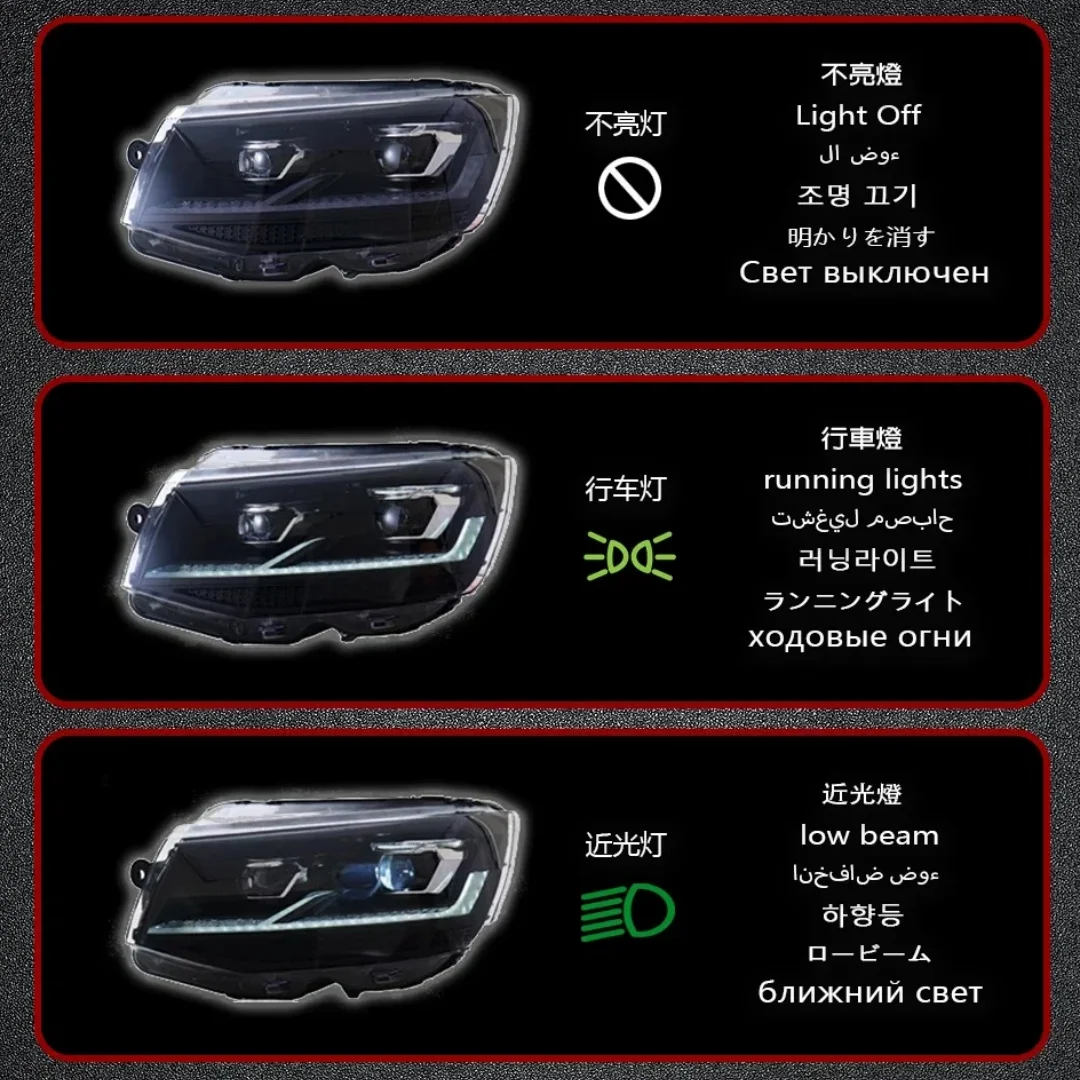 GXGLNAV Lampy samochodowe do Volkswagen Multivan Caravelle T6 2016-2019 Zmodyfikowane reflektory LED z projektorem Światła do jazdy dziennej Kierunkowskazy Światła stop