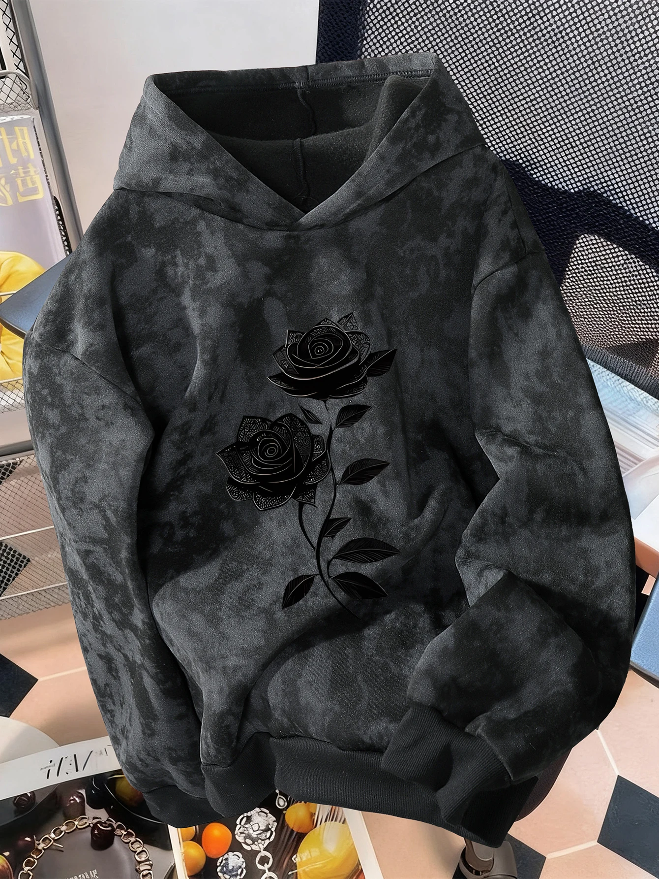 Unisex Vintage-Style Distressed Sweatshirt with Rose Print