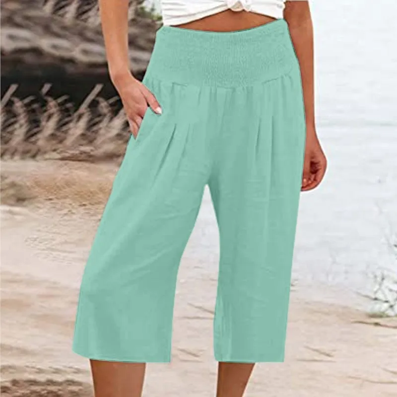 Loose Casual Capri Trousers Cropped Pants For Women Summer Elastic Waist with Pocket Solid Color Thin Vacation Wide Leg Pants