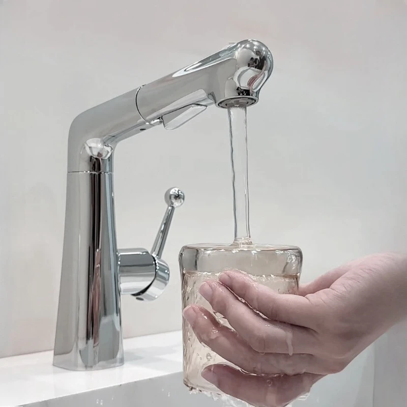 Brass Body Pull-Out Height Adjustable Basin Faucet Cold Hot Dual Control Rinsing Function Anti-Splash for Bathroom Washbasin