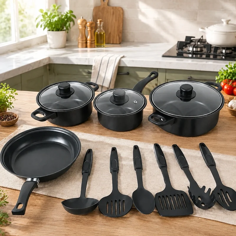 13-Piece Kitchen Set Featuring Nonstick Pots, Frying Pan, Cooking Tools, and Induction-Compatible Design for Indoor and Outdoor