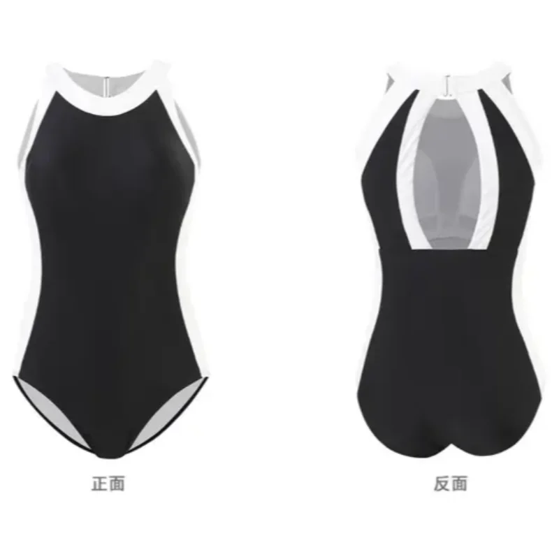 ชุดว่ายน้ำวันพีซสไตล์อเมริกันเรโทรสุดแซ่บ ขาวดำ คอสูง เปิดหลัง สไตล์ Y2K ฮาราจูกุ สำหรับผู้หญิง