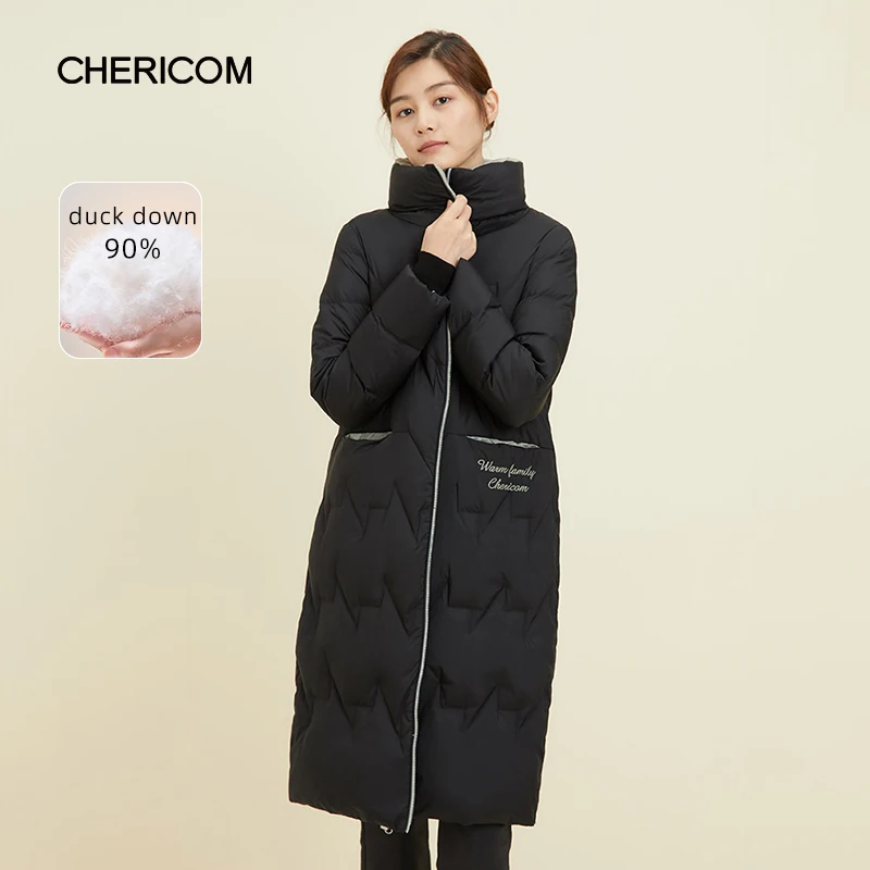 Chericom Winter Women's Embroidery Down Jacket Mid Length Thick Padded Jacket Grey Duck Down Stand Up Collar Puffer Coats 269085