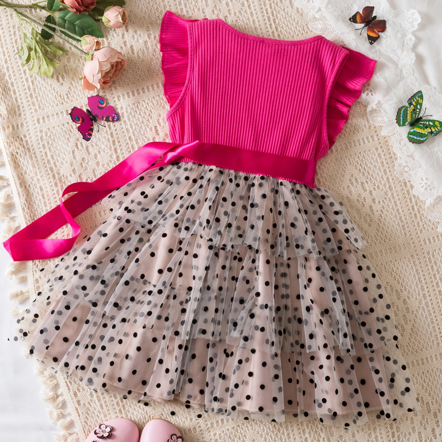 LSYXH Toddler 1-6 Years Toddler Little Girls Flutter Sleeves Polka Dot Girls Dress