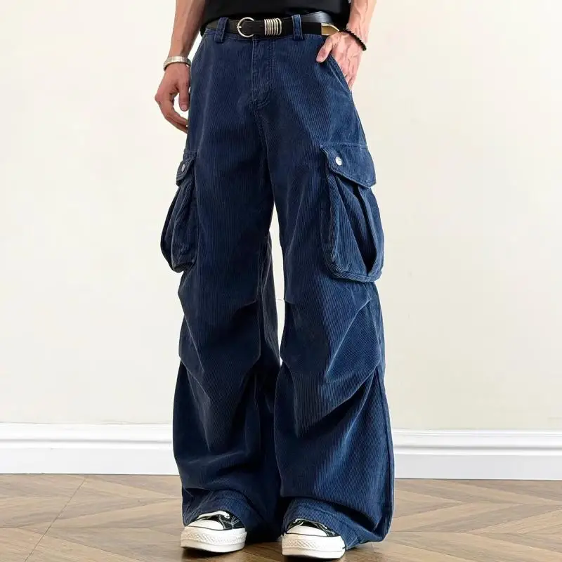 Men's Big Pocket Corduroy Casual Pants 90s Sweatpants Boys Bottom Wide Legs Casual Pants Male High Waist Trousers