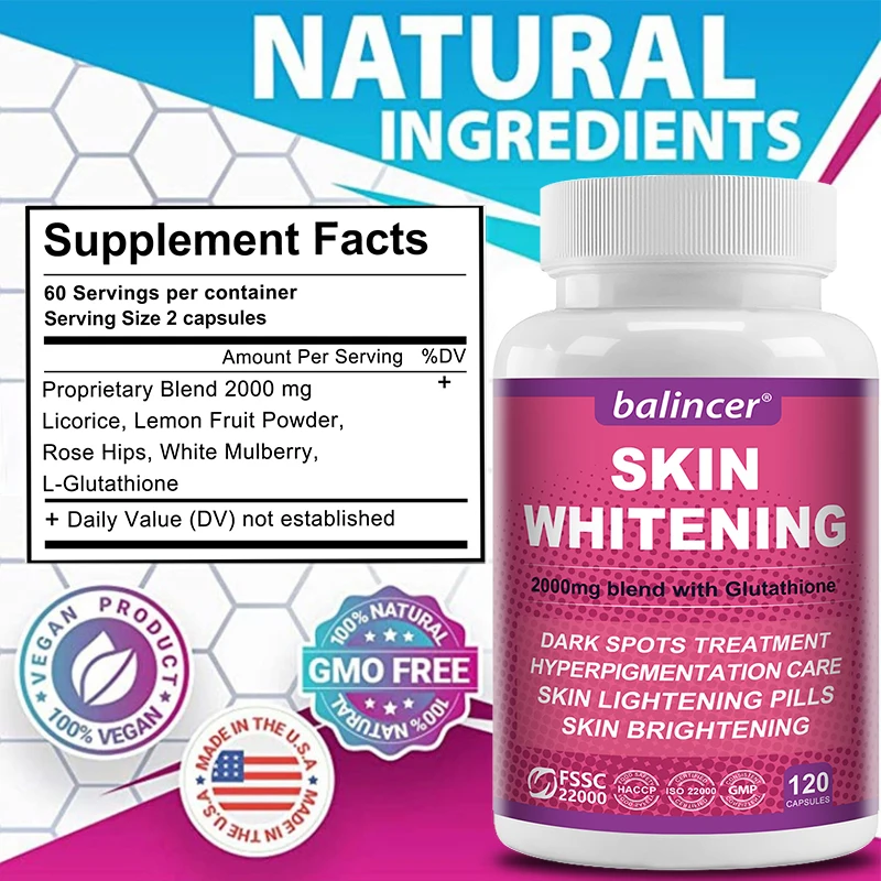 Glutathione Skin Whitening Supplement - Anti Aging, UV Protection, Even Skin Tone & Scar 120 Capsules
