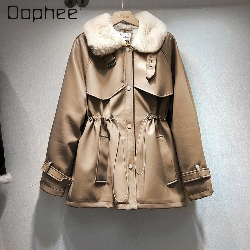 

2024 Winter Pu Leather Jacket Women Drawstring Waist Lamb Wool Lining Thick Wram Fur Collar Single Breasted Mid Length Coats