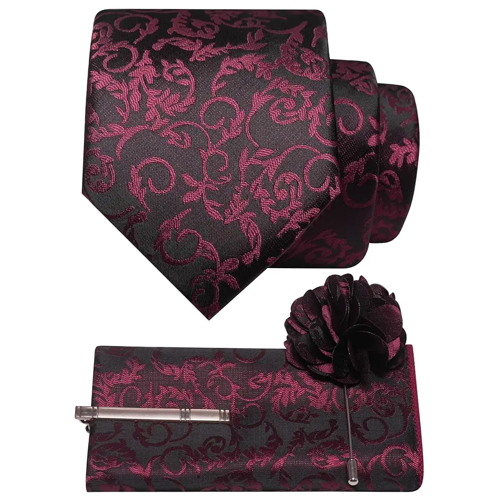 Conjunto de Corbata Floral, Pin de Solapa, Pañuelo de Bolsillo y Clip para Corbata para Hombre, 4 Piezas, para Estilo Casual de Negocios